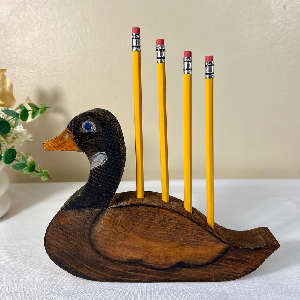 Vintage 1988 Hand-Carved Painted Wooden Duck Pencil Holder